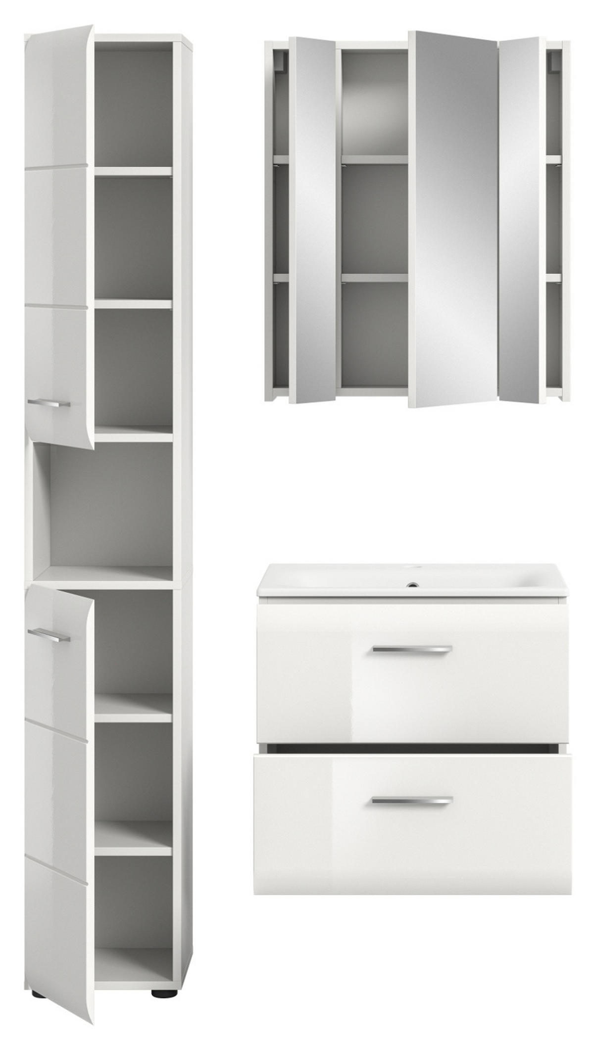 BADMÖBEL SET 3-teilig in weiß Hochglanz inkl. Waschbecken 105 x 185 cm Cover - Weiß Hochglanz/Silberfarben, Holzwerkstoff/Kunststoff (105/185/46cm) - Inn.Furn