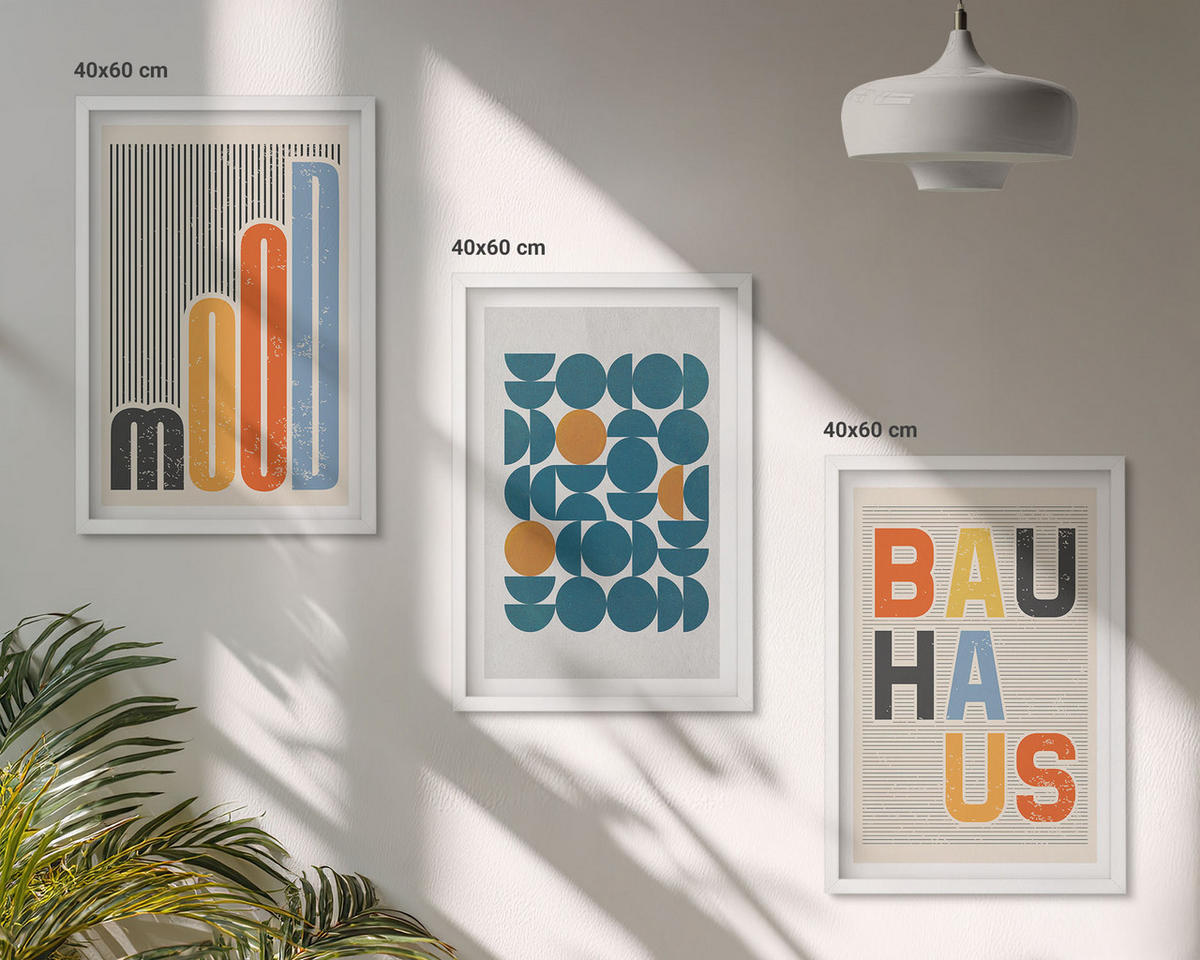 WANDBILDER 3er-Set - 40x60 cm Weißer Rahmen - Geometrische Muster im Bauhaus-Stil - Weiß, Kunststoff (40/60cm) - ArtPrintCave
