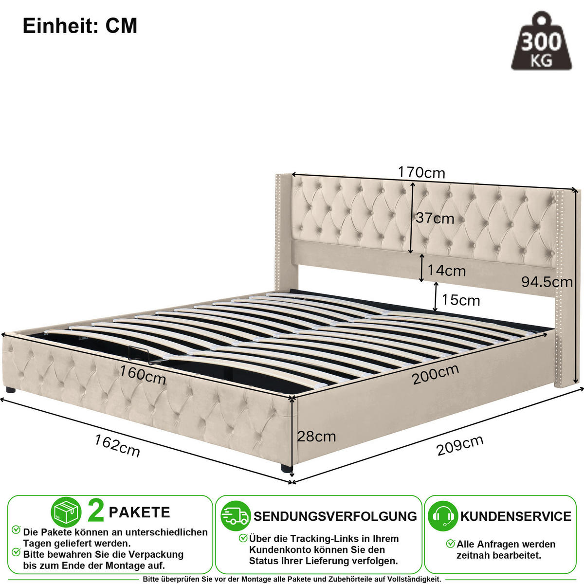 POLSTERBETT 160/200 cm in Beige Samt mit Bettkasten und Chesterfield-Design - Beige, Holzwerkstoff/Textil (160/200cm) - CHICFURN