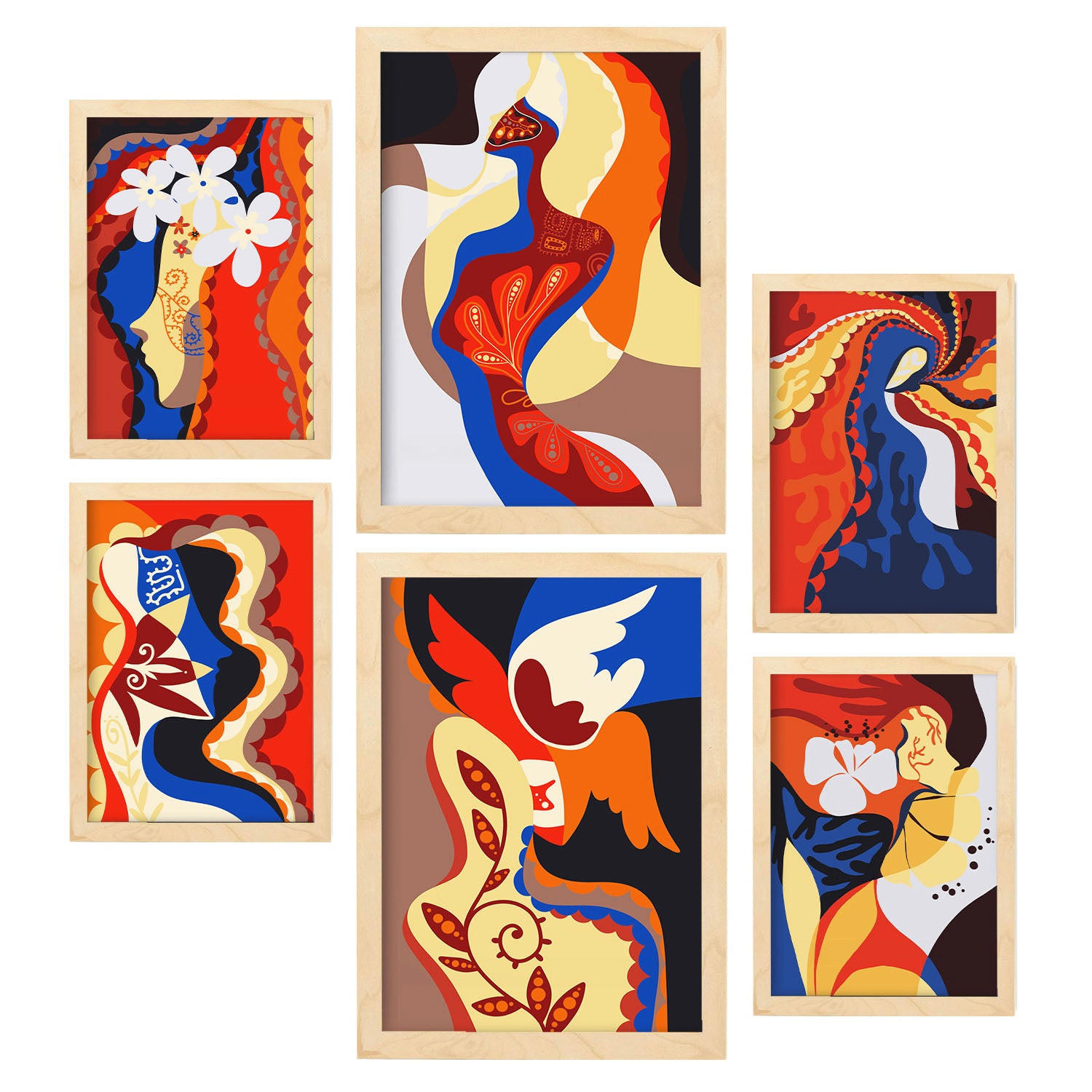 POSTER Set Mit 6 Begeisterte Meisterschaft In Weibliche Zusammenfassung Ästhetische Dekorative Gemälde Für Ihr Zuhause A3 & A4 Rahmen Aus Hellem Holz - Beige, Papier (29/3cm) - Nacnic
