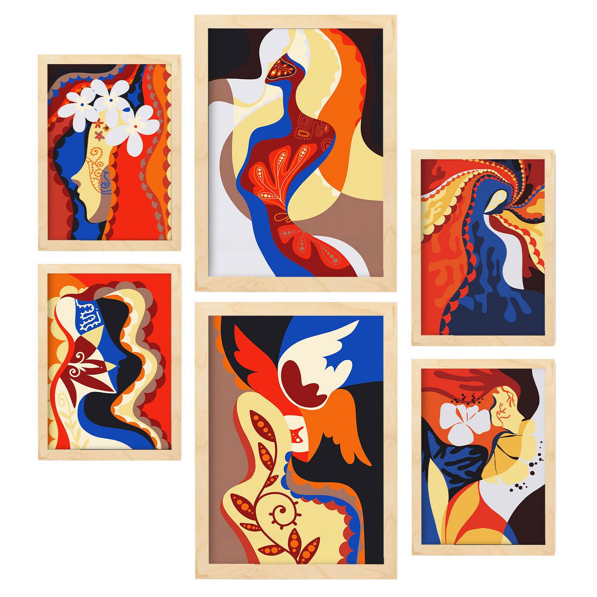 POSTER Set Mit 6 Begeisterte Meisterschaft In Weibliche Zusammenfassung Ästhetische Dekorative Gemälde Für Ihr Zuhause A3 & A4 Rahmen Aus Hellem Holz - Beige, Papier (29/3cm) - Nacnic