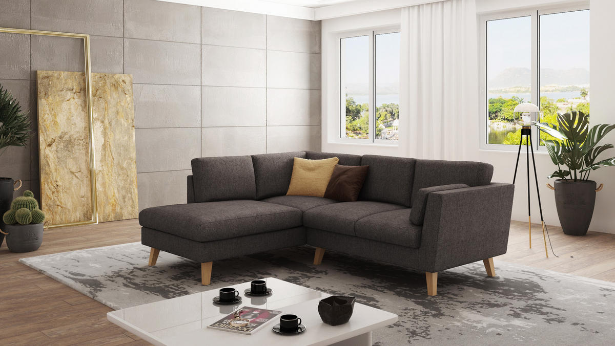ECKSOFA Mario Braun - Khaki Microfaser - Dunkelbraun/Naturfarben, Buchenholz/Textil (221/186cm) - S-Style Möbel