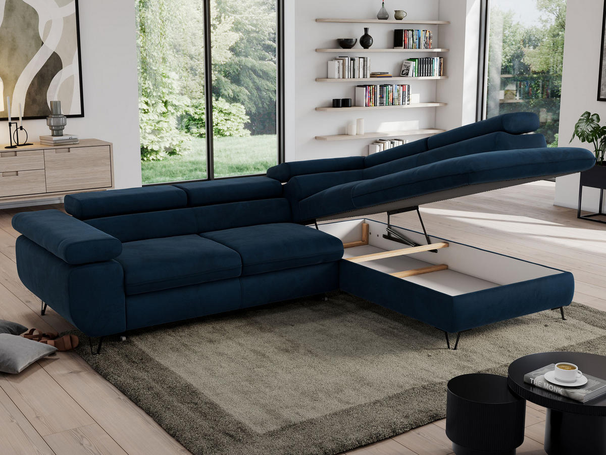ECKSOFA PEDRO L Dunkelblau Velvet - Rechts Seite - Schwarz/Dunkelblau, Textil/Metall (273/208cm) - MKS