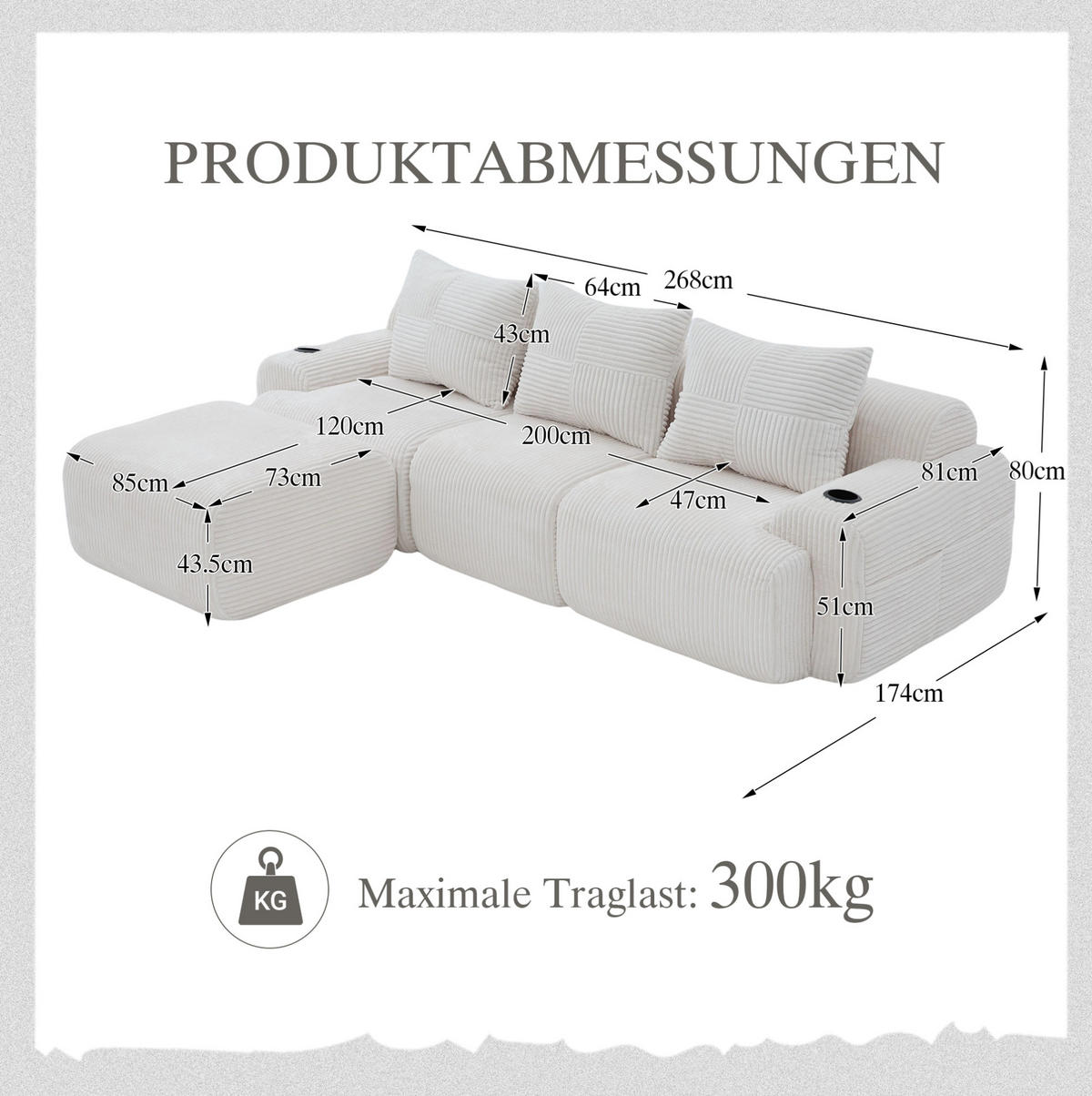 MODULARES 3-Sitzer Sofa Cordstoff mit Getränkehalter und Seitentasche 268/174/80 cm Beige - Beige, Textil (174/268cm) - Redom