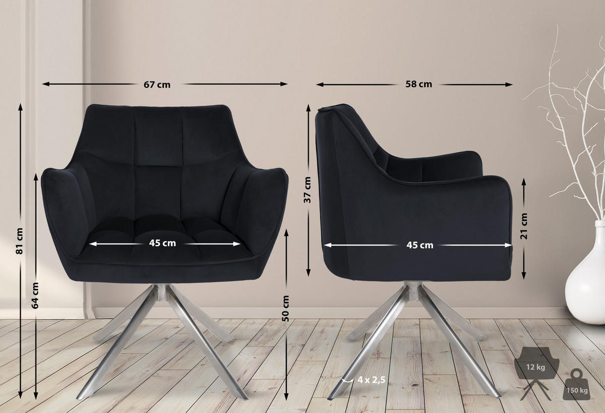 ESSZIMMERSTUHL SWING Samt edelstahl 81x67x58 cm schwarz Samt Metall - Schwarz, Textil/Metall (67/81/58cm) - DELUKE