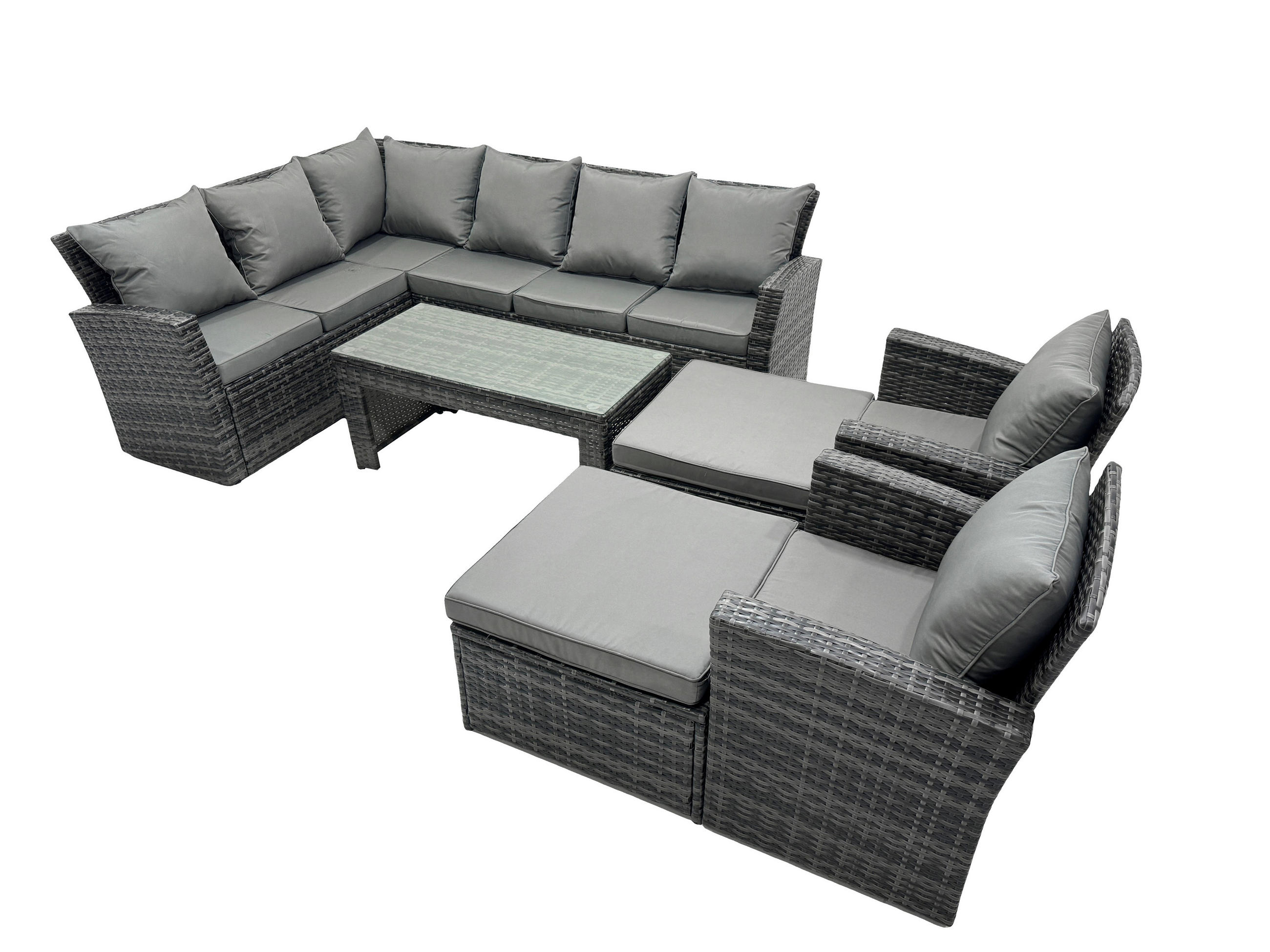 GARTENLOUNGE mit Ecksofa Polyrattan Dunkelgrau 10-Sitzer - Dunkelgrau/Grau, Glas/Kunststoff - Fimous