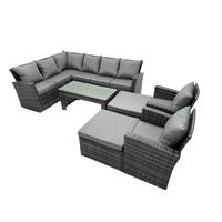 GARTENLOUNGE mit Ecksofa Polyrattan Dunkelgrau 10-Sitzer - Dunkelgrau/Grau, Glas/Kunststoff - Fimous