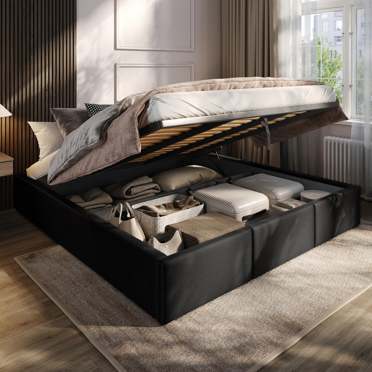 POLSTERBETT für Schlafzimmer Bett mit Stauraum Schwarz 180x200cm - Schwarz, Holzwerkstoff/Textil (180/200cm) - Muralo
