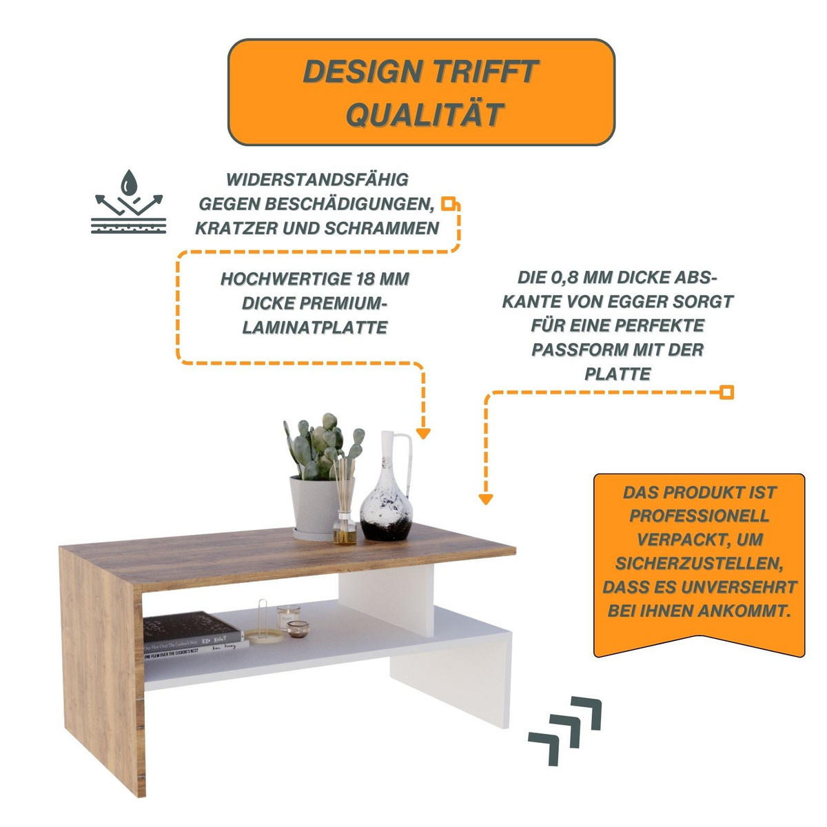 COUCHTISCH Holzwerkstoff rechteckig stabil Nussbaumfarben 50/45/93cm - Nussbaumfarben/Weiß, Holzwerkstoff (50/93/45cm) - CraftPAK