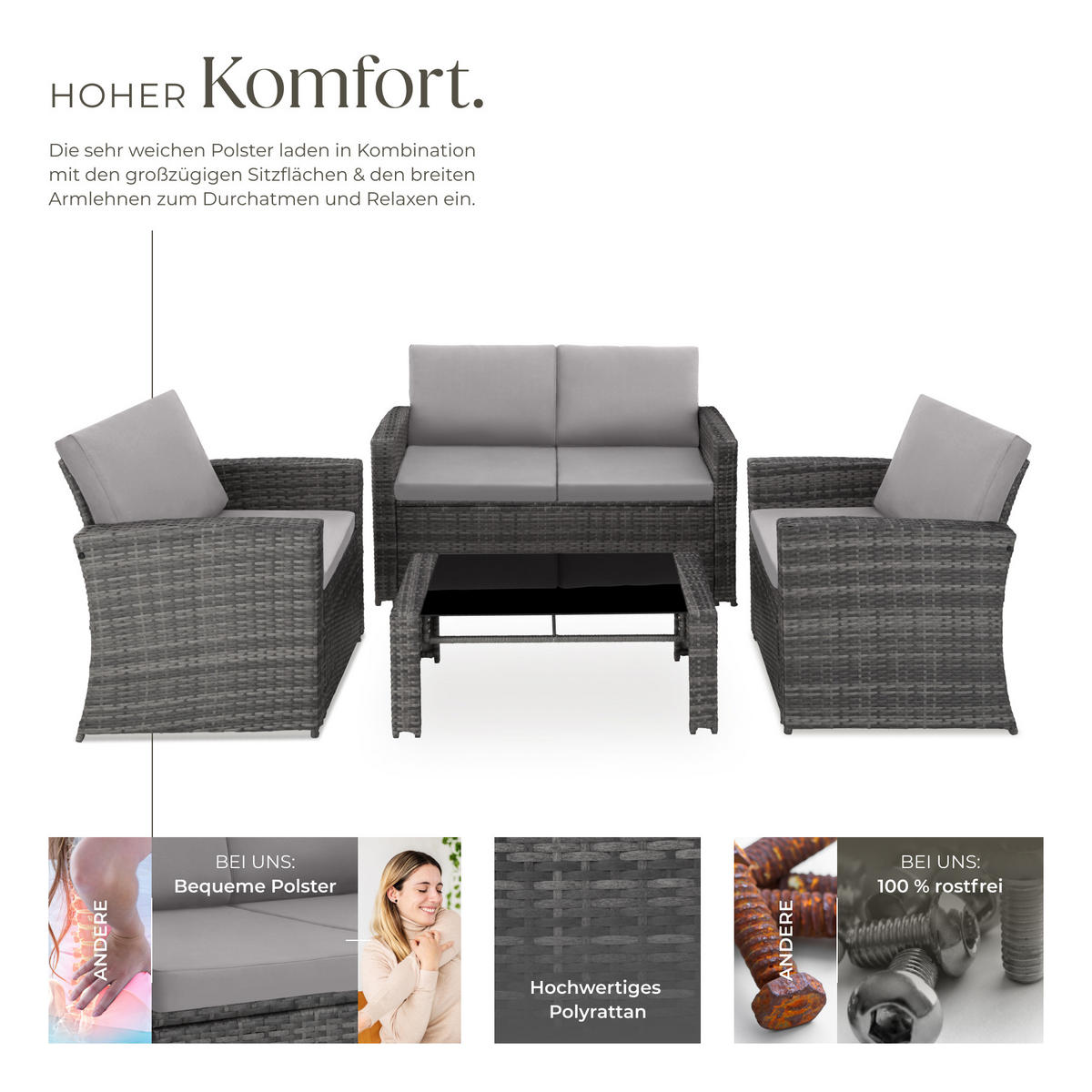 RATTANLOUNGE Jesolo,mit Sicherheitsglasplatte,grau/hellgrau - Grau, Kunststoff - tectake