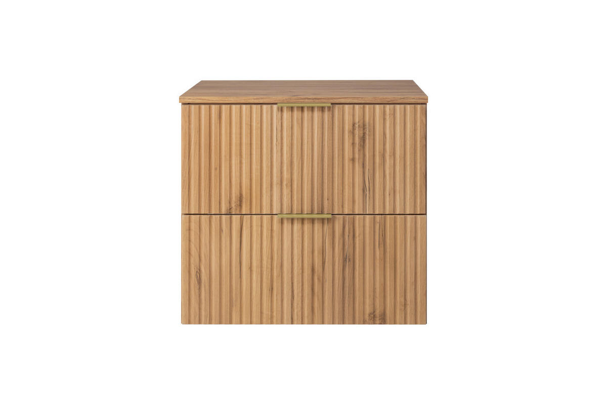 WASCHBECKUNTERSCHRANK, Eiche Craft, 60 x 57 x 46 cm, goldener Griff + Arbeitsplatte - Eichefarben/Goldfarben, Holzwerkstoff (60/57/46cm) - 3XE LIVING