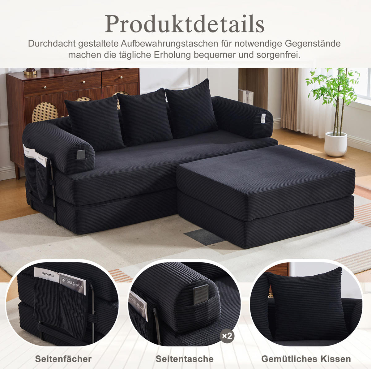 ECKSOFA aus Cord 200x190x67 cm Schwarz mit Hocker, Seitentasche und 3 Kissen - Schwarz, Textil (200/190cm) - Modfu