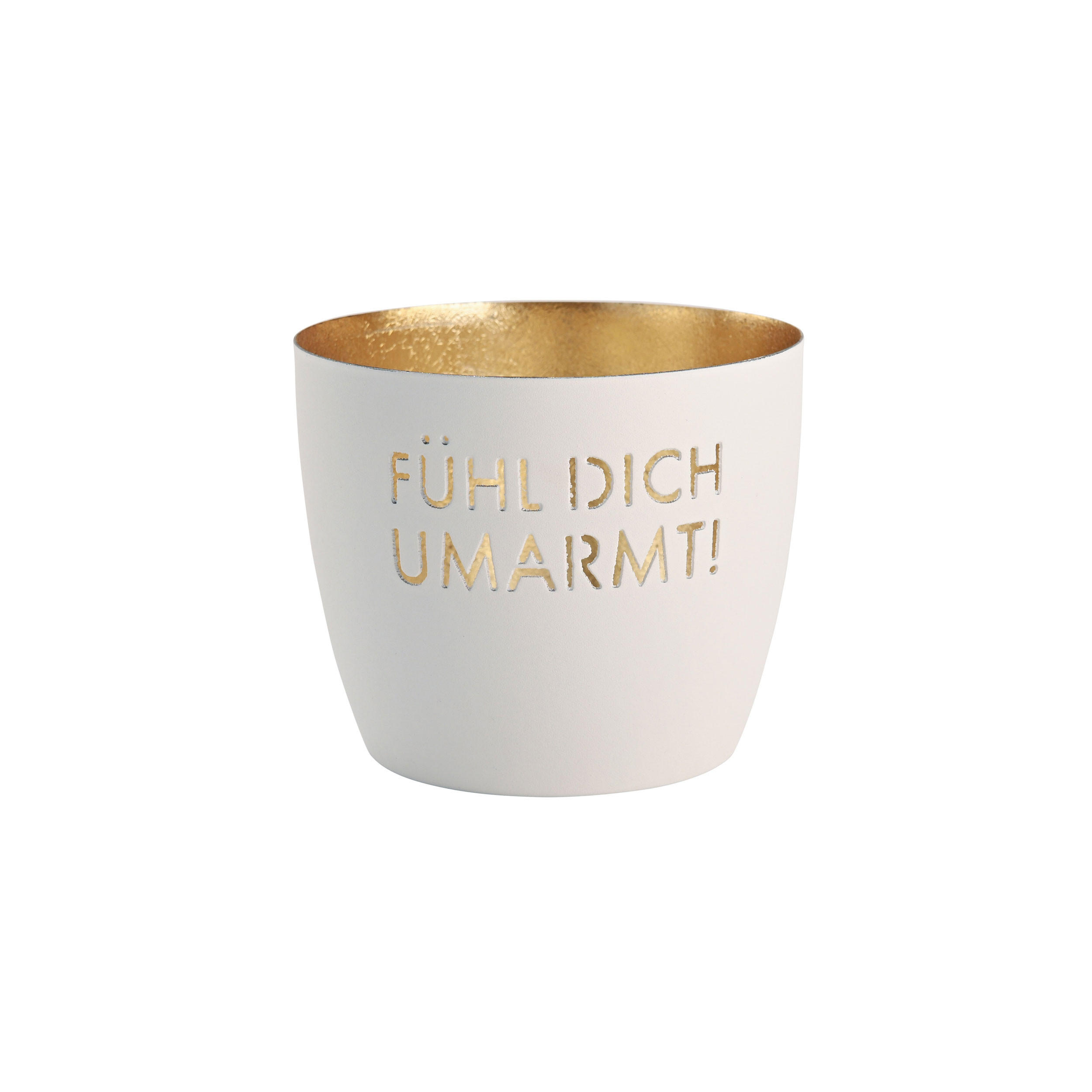 TEELICHTHALTER Madras Fühl dich umarmt! M, Eisen, weiß / Gold, H 8.5 cm - Weiß, Metall (5cm) - Gift Company