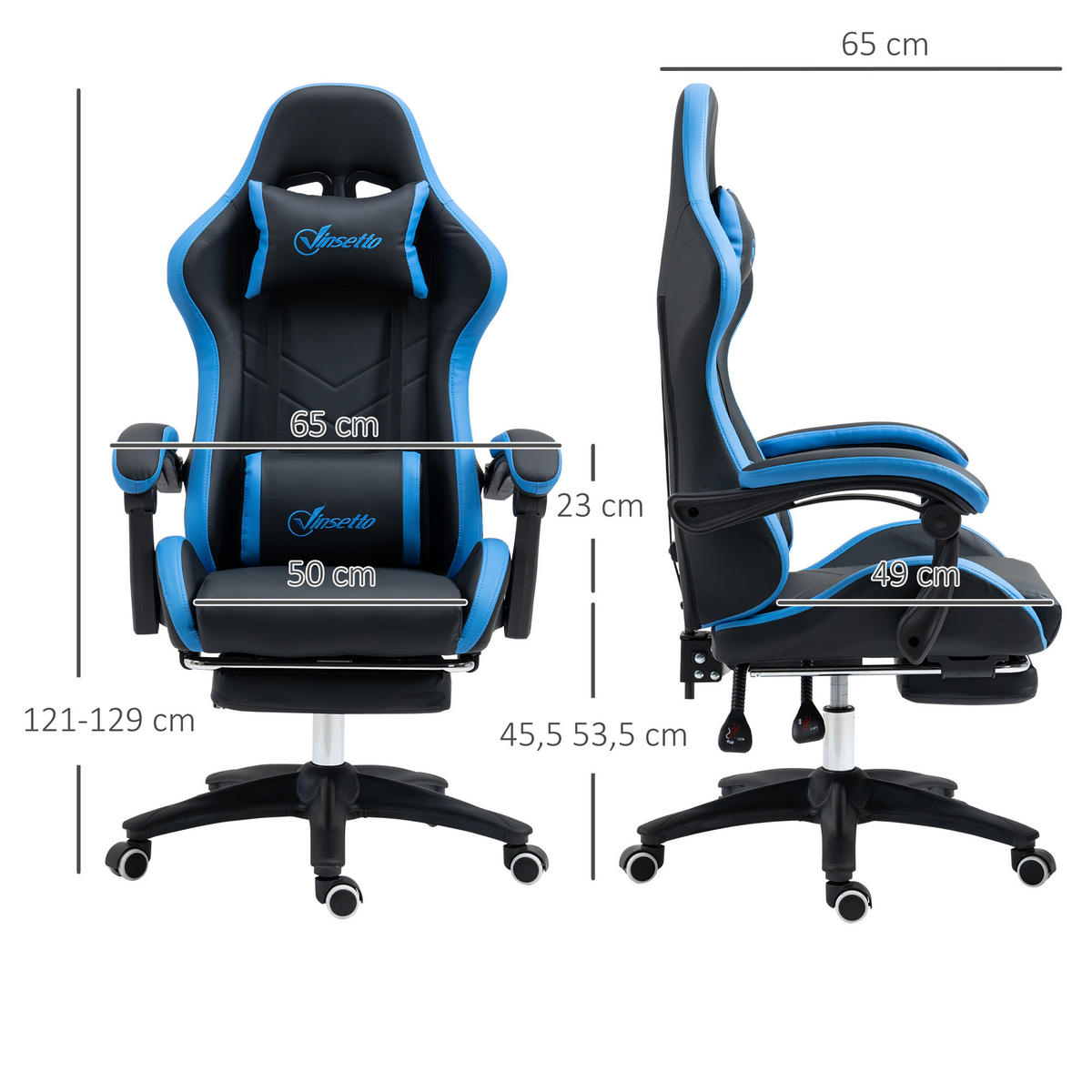 GAMING Stuhl, Kunstleder, Schwarz+Blau - Multicolor, Leder (65/129/65cm) - Vinsetto