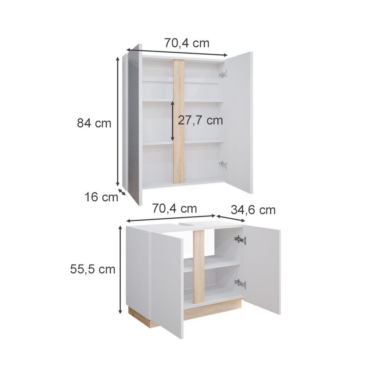 BADMÖBEL-SET Gloria Weiß 2 Teile - Weiß/Sonoma Eiche, Holzwerkstoff (70/55/34cm) - Vicco