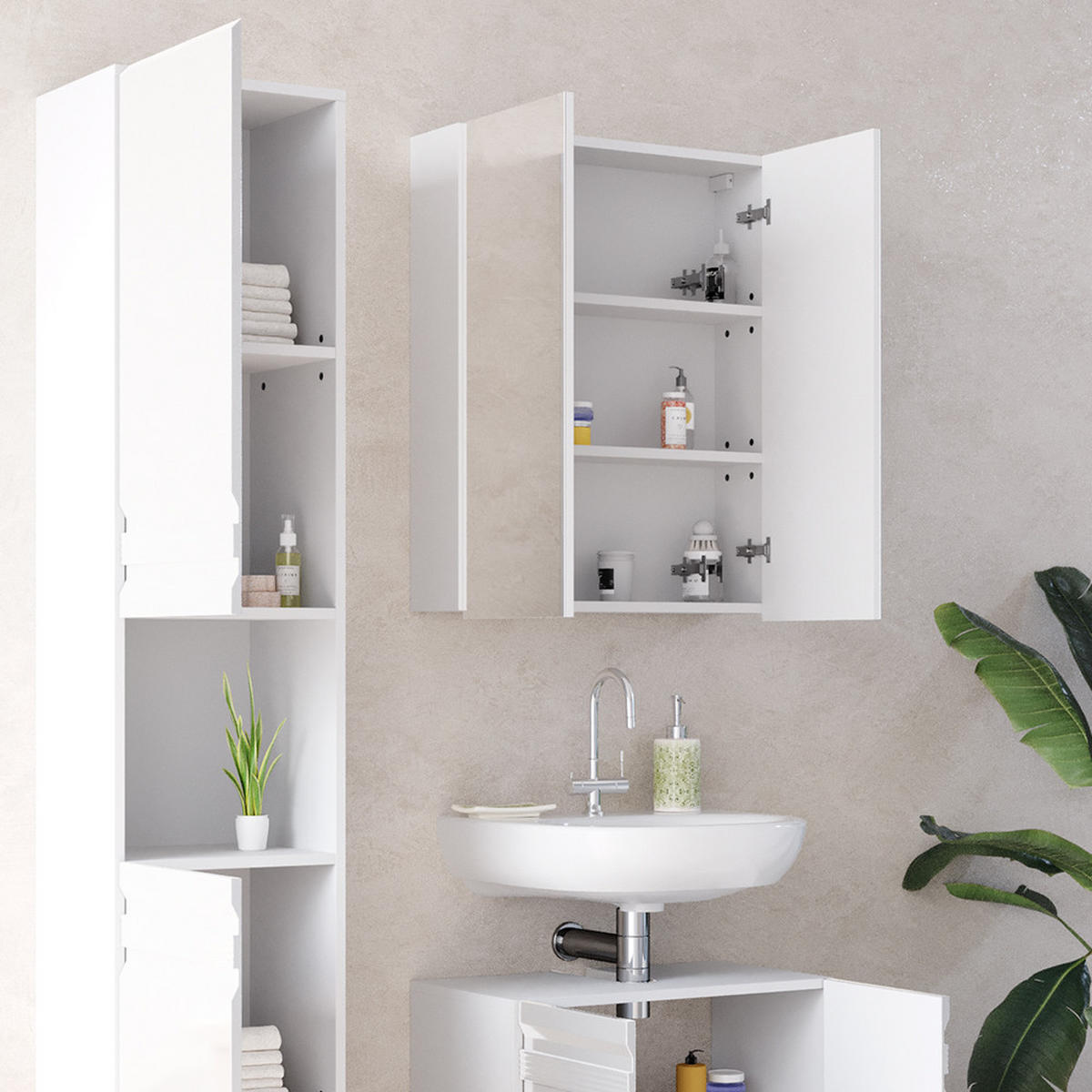 BADMÖBEL-SET Fredd Weiß Hochglanz 3 Teile, mit Hochschrank - Weiß Hochglanz, Holzwerkstoff (56/60/34cm) - Vicco