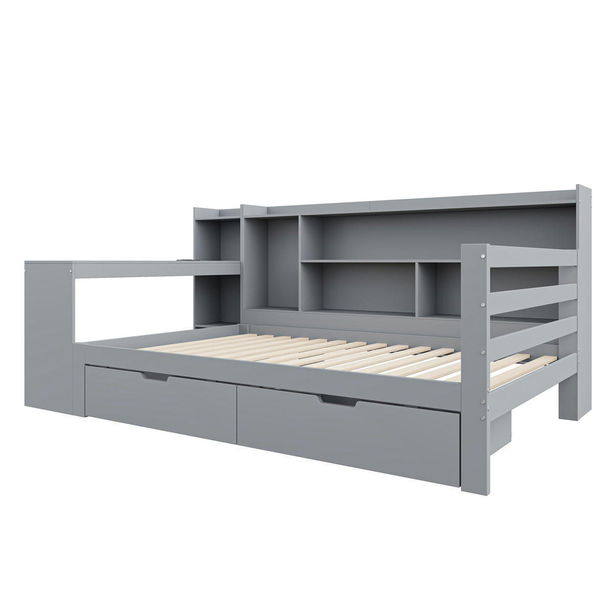 BETT 90/200 cm aus Massivholz in Grau – mit Schreibtisch, Regalen und 2 Schubladen - Grau, Holz (90/200cm) - BEAOK