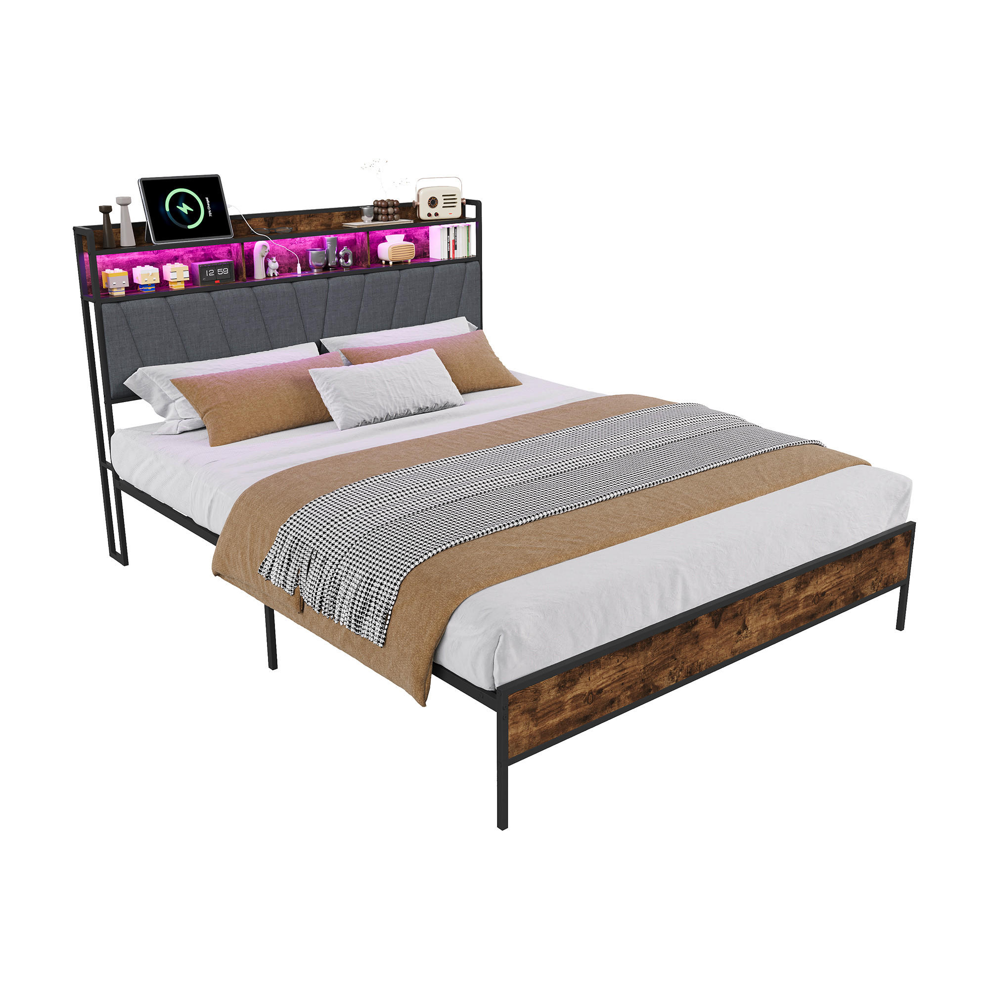 POLSTERBETT 160x200 cm mit RGB-LED, Stauraum-Kopfteil und USB - Braun, Holz (160/200cm) - SHOPENTRA