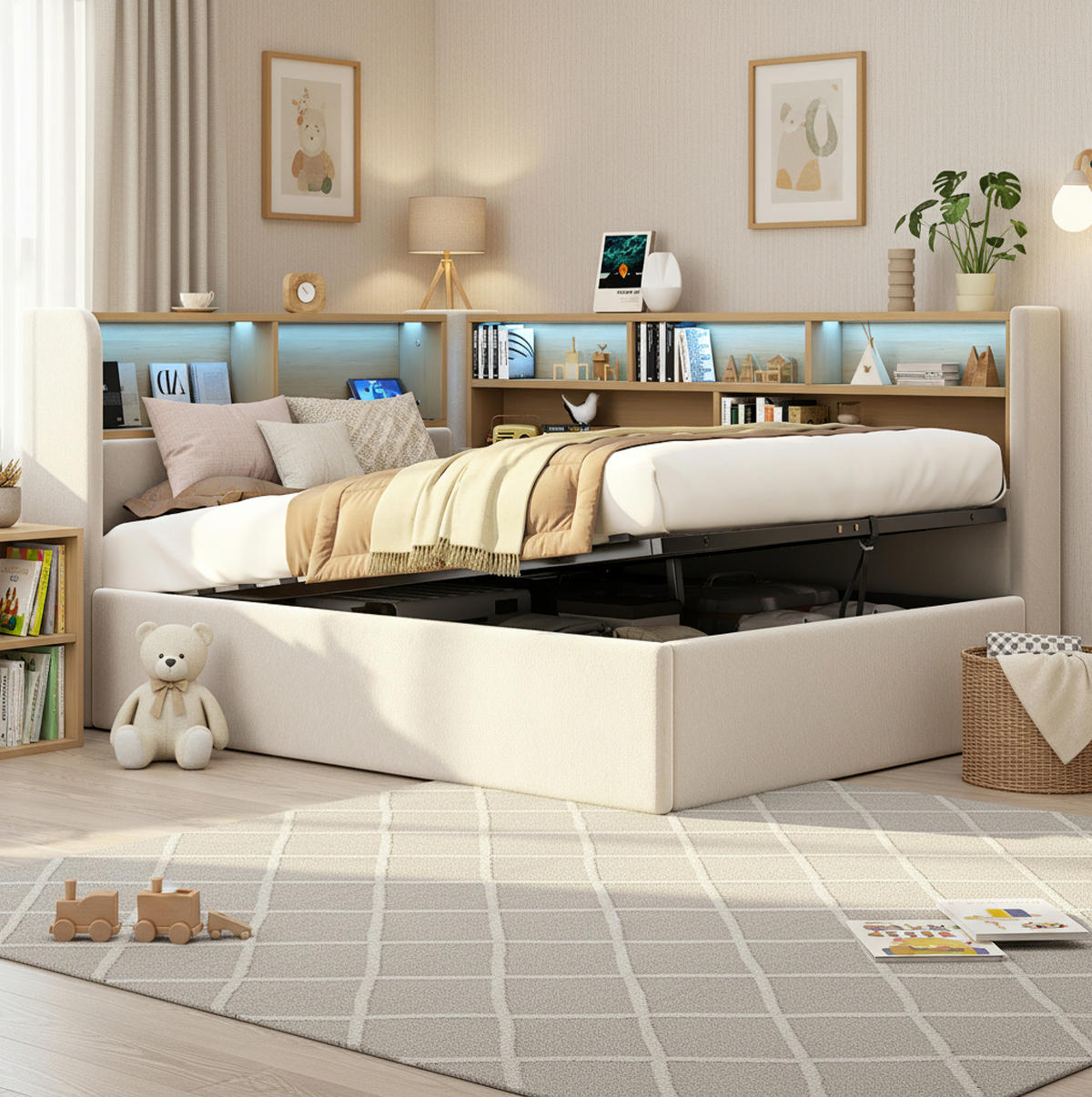 POLSTERBETT aus Samt 90x200 cm in Beige mit LED & USB/Type-C - Beige, Textil (90/200cm) - Modfu