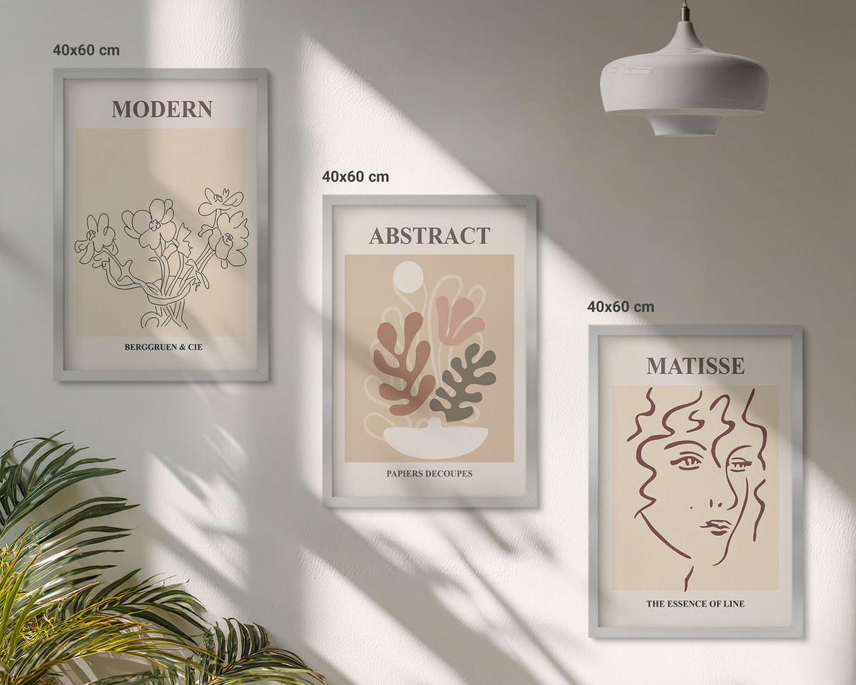 WANDBILDER 3er Set - 40x60 cm Silberner Rahmen - Moderne Pflanzenlinien - Silberfarben, Kunststoff (40/60cm) - ArtPrintCave