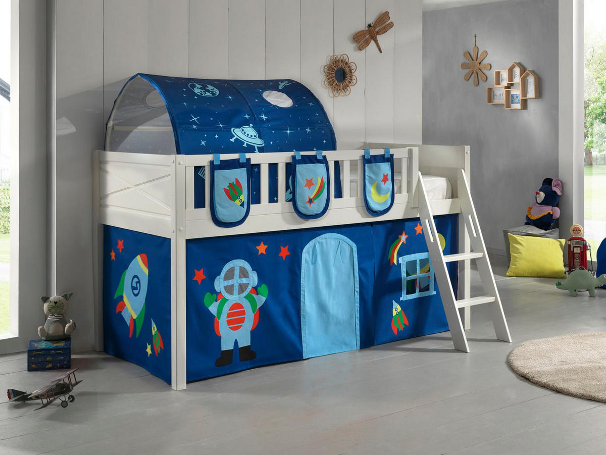 KINDERBETT Karyl 208x114x135 Massivholz Weiß Textilset Astro 4 - Blau/Weiß, Holz (90/200cm) - 58aufmkessel