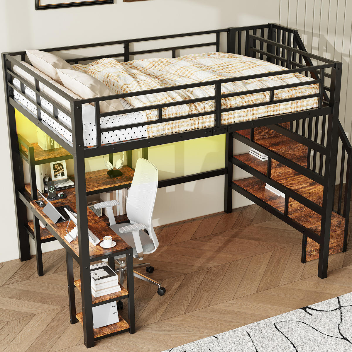 VYSOKÁ posteľ 140/200 cm čierna z MDF a kovu s písacím stolom schodmi úložným priestorom LED a USB - čierna, kov (140/200cm) - OKWISH