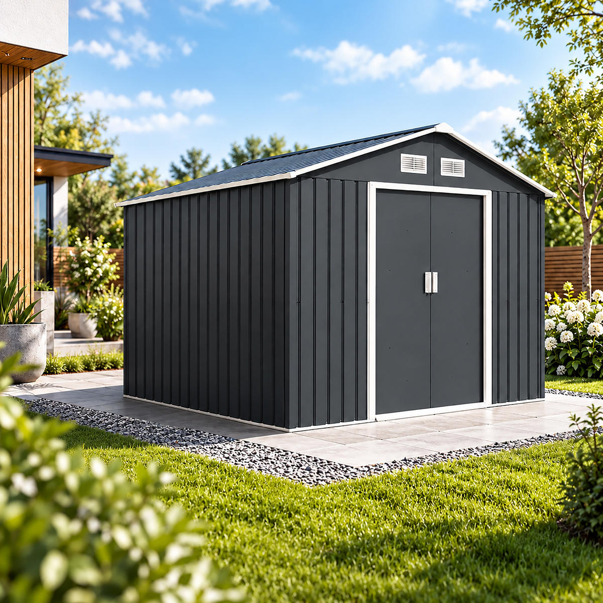 GERÄTEHAUS Grau Weiß Stahl verzinkt Schiebetüren 193 cm - Anthrazit, Metall (277/193/322cm) - Relaxdays