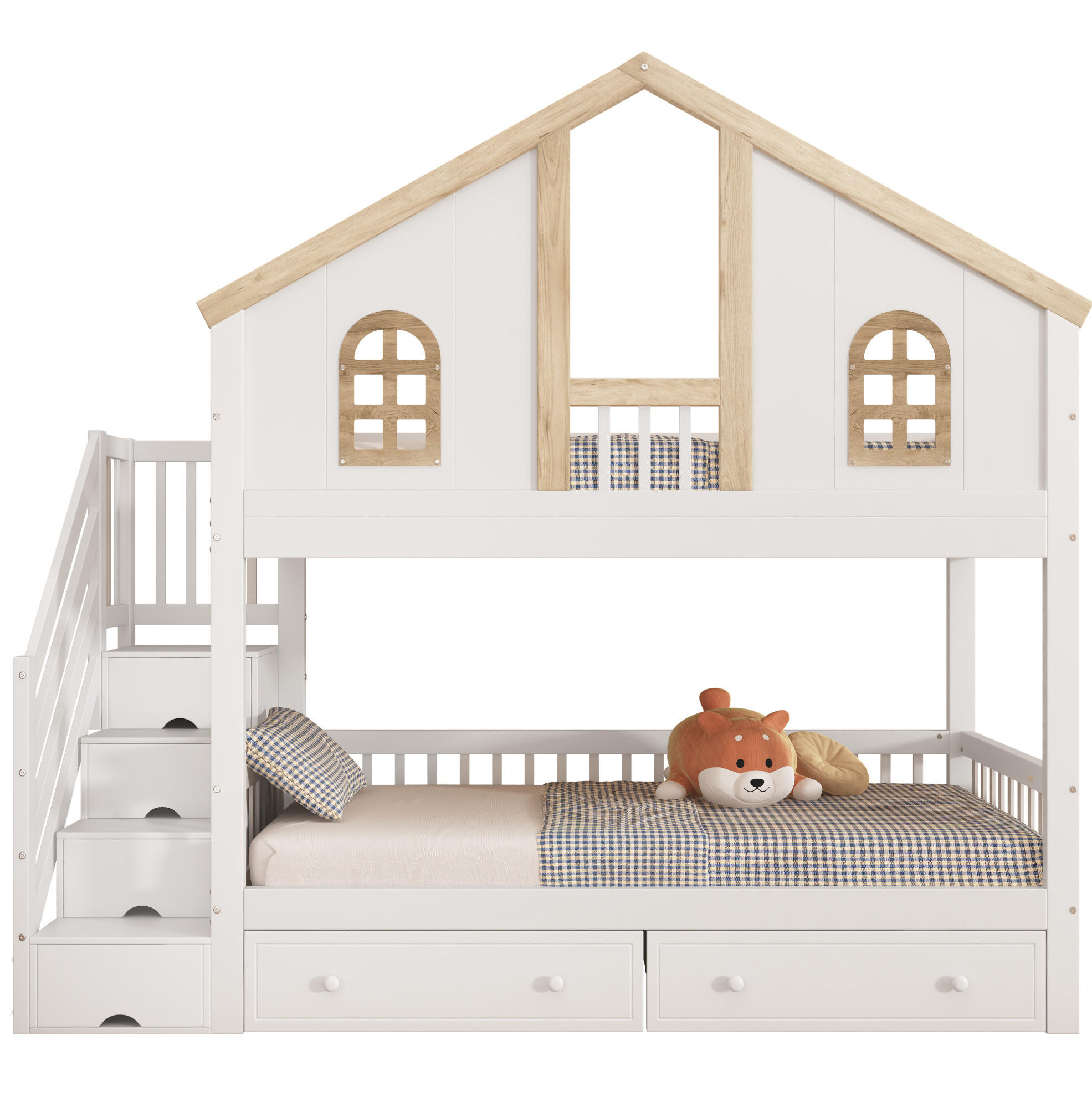 HAUSBETT 90/200 cm Weiß/Natur mit Stauraumtreppe und 2 Schubladen - Weiß, Holzwerkstoff (90/200cm) - Flora Grace