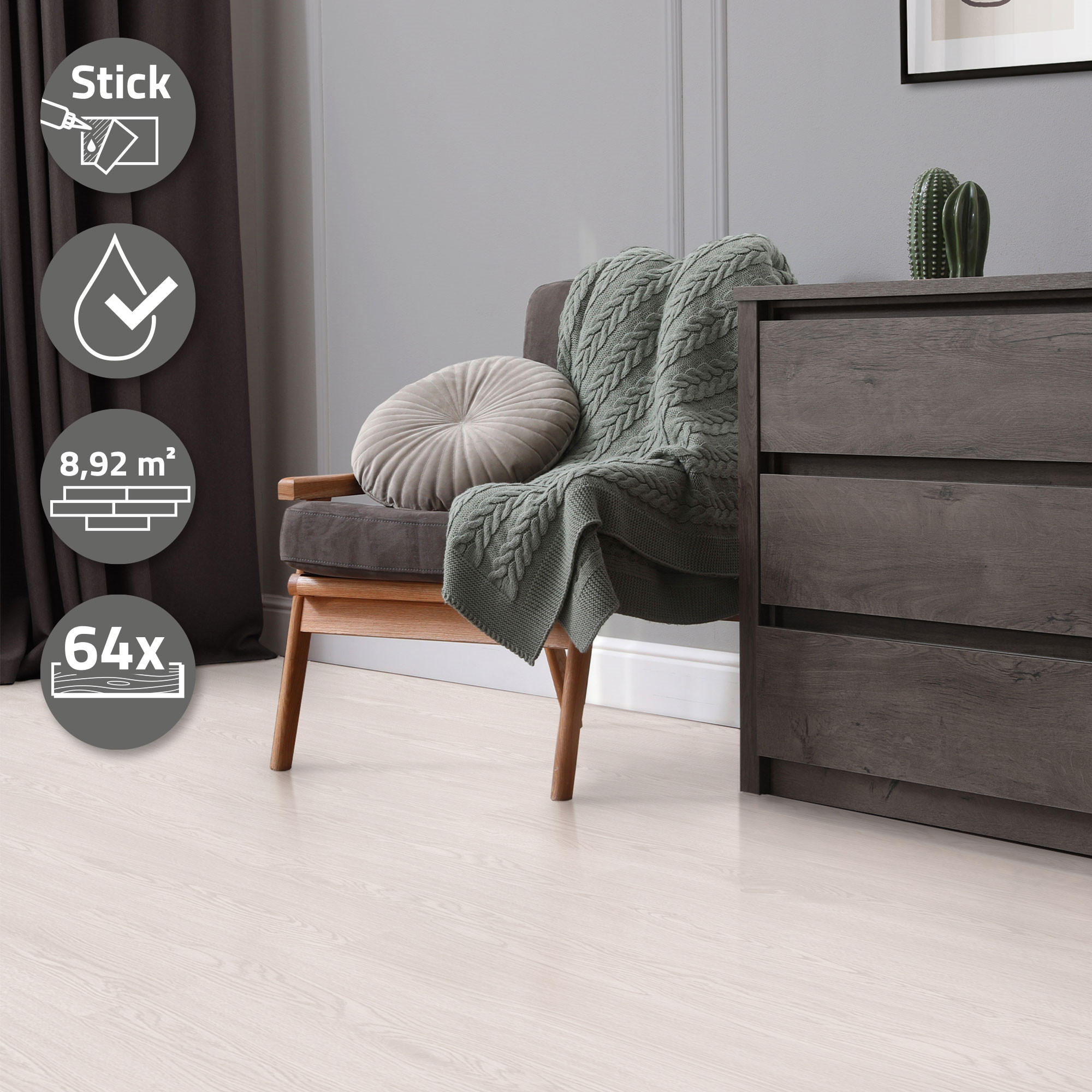 VINYLBODEN selbstklebend 8,92m²/64 Dielen Eiche Weiß - Weiß, Kunststoff (91.5/15.3/0.2cm) - ML-DESIGN