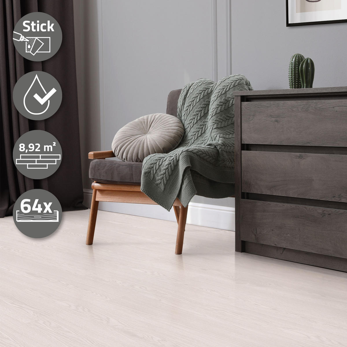 VINYLBODEN selbstklebend 8,92m²/64 Dielen Eiche Weiß - Weiß, Kunststoff (91.5/15.3/0.2cm) - ML-DESIGN