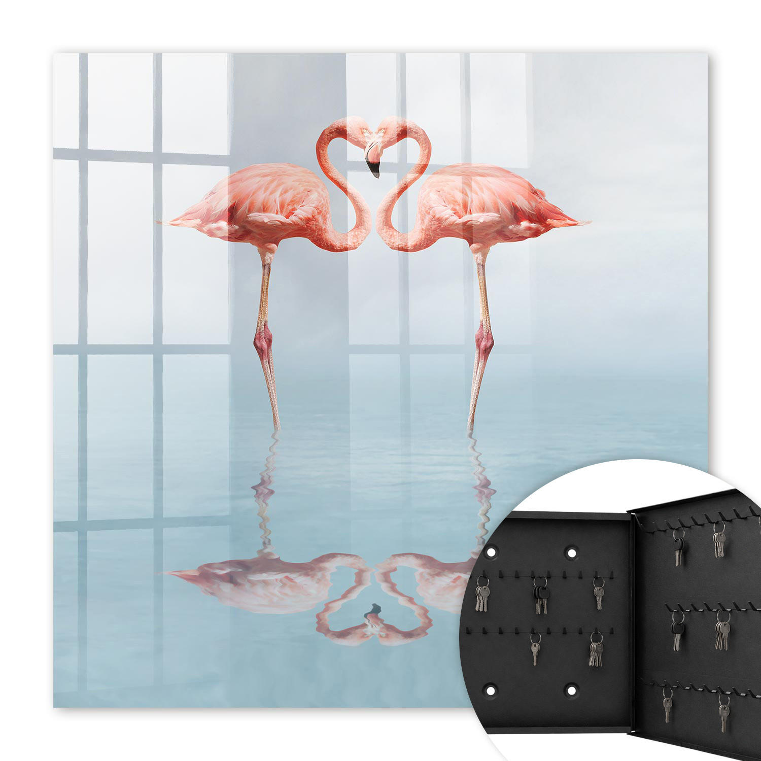 SCHLÜSSELBOX Schwarz 30x30 cm- Türöffnung nach rechts - Flamingos lieben - Pink, Metall (30/30/5cm) - TULUP