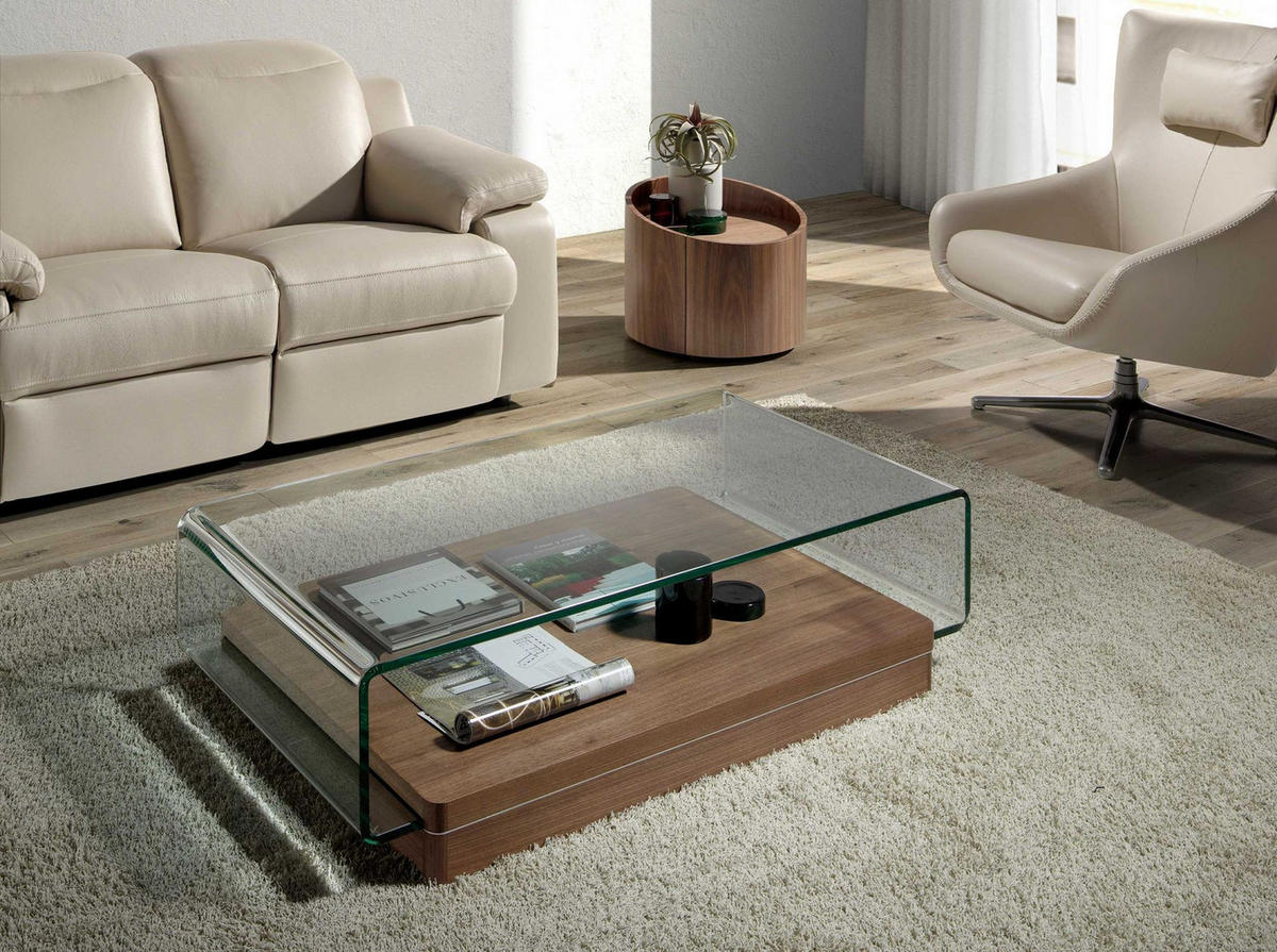 COUCHTISCH Rechteckiger Couchtisch aus gehärtetem Glas und Nussbaumholz 120/70/33 cm - Transparent/Nussbaumfarben, Glas/Holz (70/120/33cm) - ANGEL CERDA