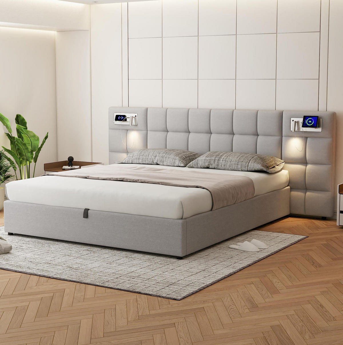 POLSTERBETT mit Stauraum 180x200 cm Leinen Grau mit USB & kabellosem Laden - Grau, Metall (180/200cm) - Meubliv