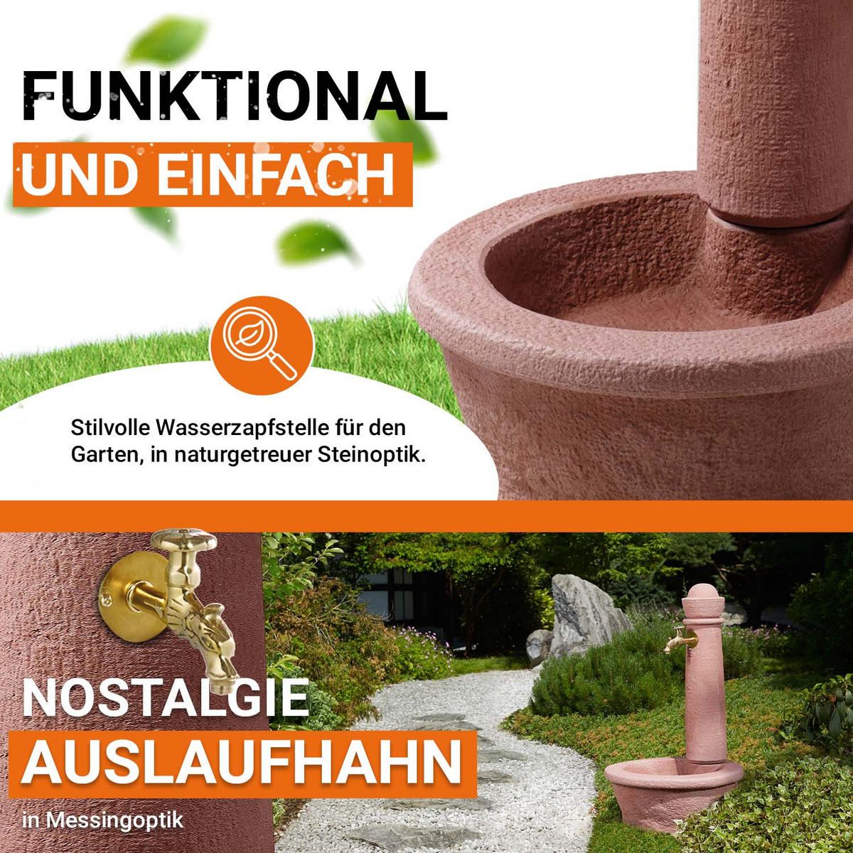 STEINBRUNNEN aus Kunststoff, red inkl. Nostalgie-Auslaufhahn - Rot, Kunststoff (54/54/100cm) - GARANTIA