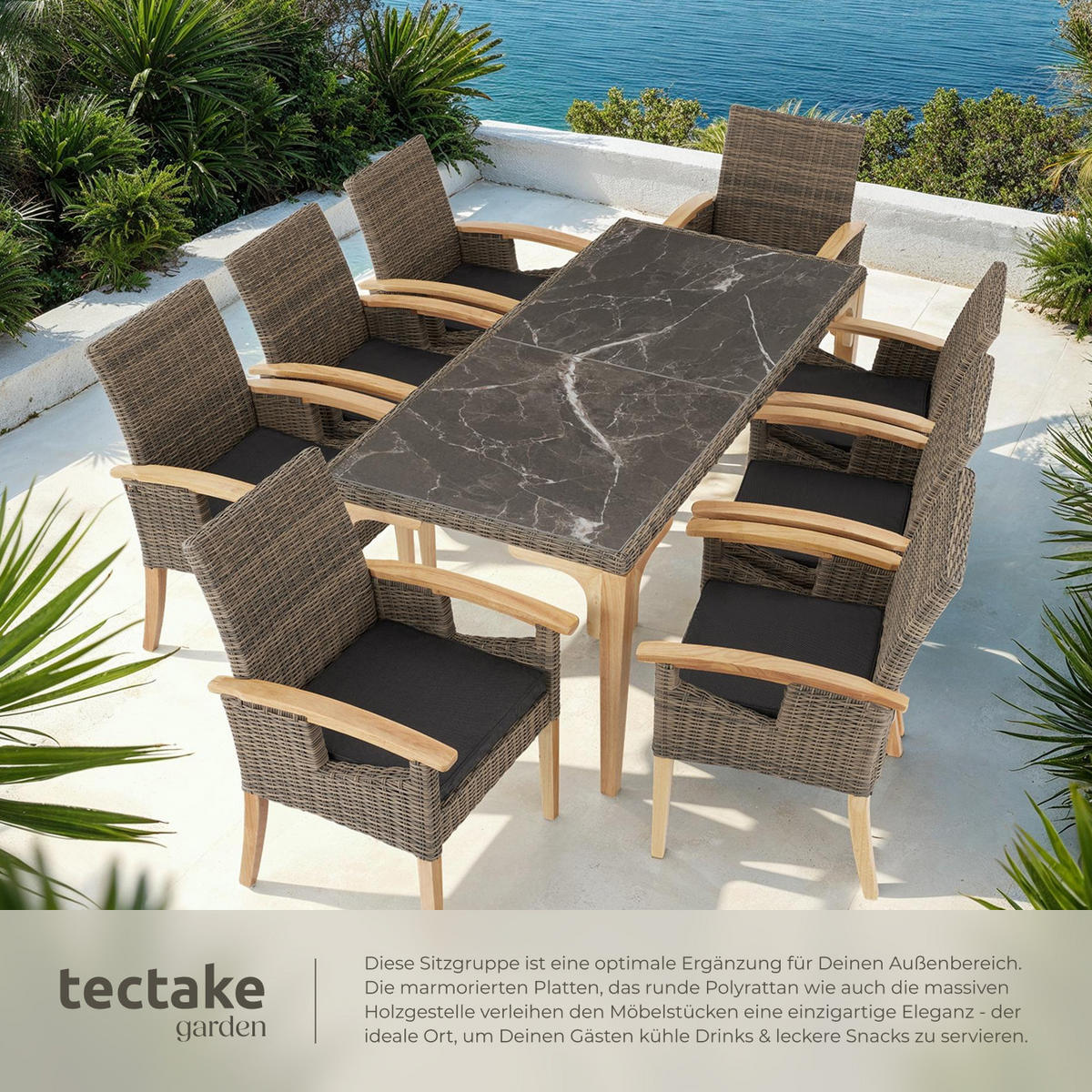 GARTENTISCH Foggia mit 8 Stühlen Rosarno, Armlehnen und Beine aus Holz, natur - Naturfarben, Kunststoff - tectake