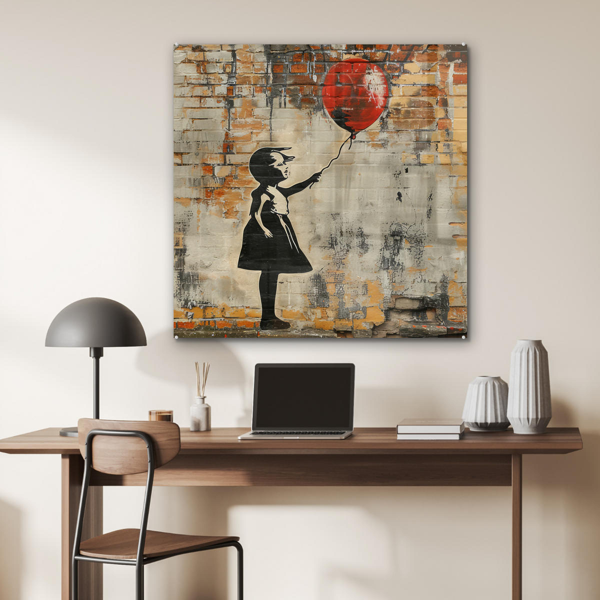 ACRYLGLASBILD Graffiti - Banksy - Mädchen - Straßenkunst 90x90 cm - Sandfarben, Glas (90/90cm) - MuchoWow