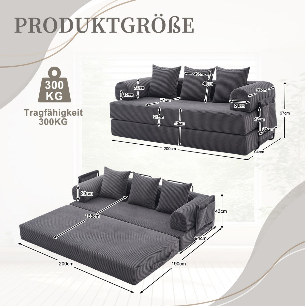 SOFA 200/94/67 cm aus Cord mit Metallgestell und 3 Kissen Dunkelgrau - Dunkelgrau, Textil (94/67/200cm) - Modenvie