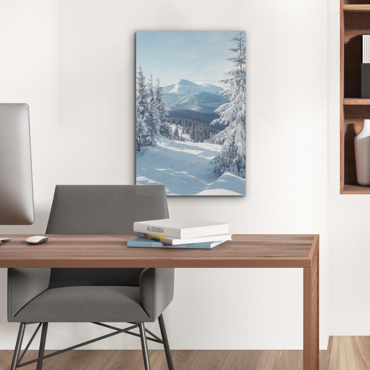 AKUSTIKBILD Winterlandschaft - Natur - Berge - Bäume - Schnee Kunstdruck Schlafzimmer 50x70 cm - Hellblau, Kunststoff (50/70/0.9cm) - MuchoWow