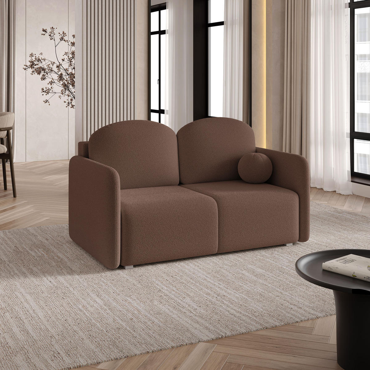 BETTSOFA SUVI II Q Braun Bucle-Stoff mit Schlaffunktion - Braun, Textil (90/85/153cm) - MASSENO