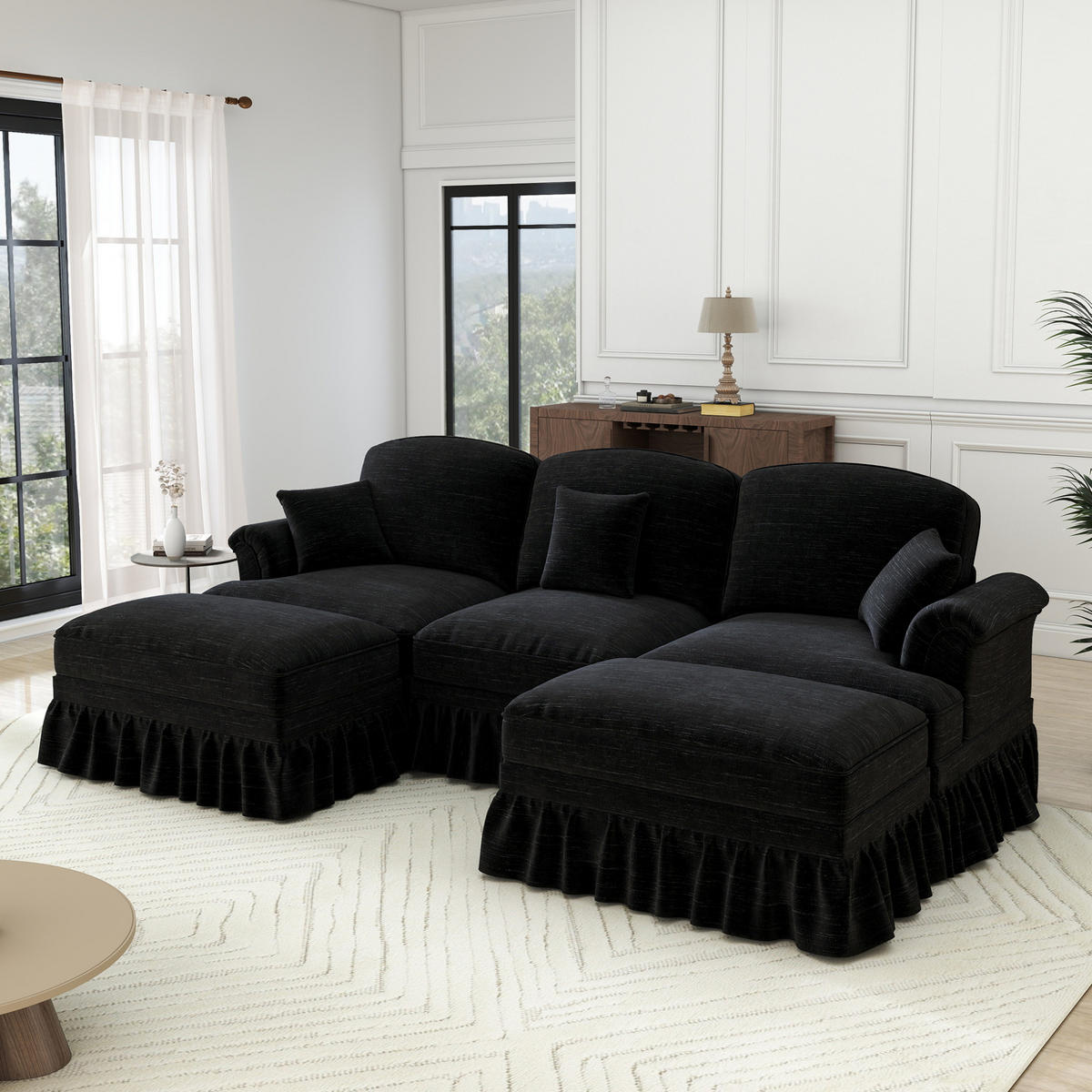 ECKSOFA 272/140/93 cm schwarz aus Chenille mit abnehmbarem Volant und beweglichem Hocker - Schwarz, Textil (140/272cm) - OKWISH