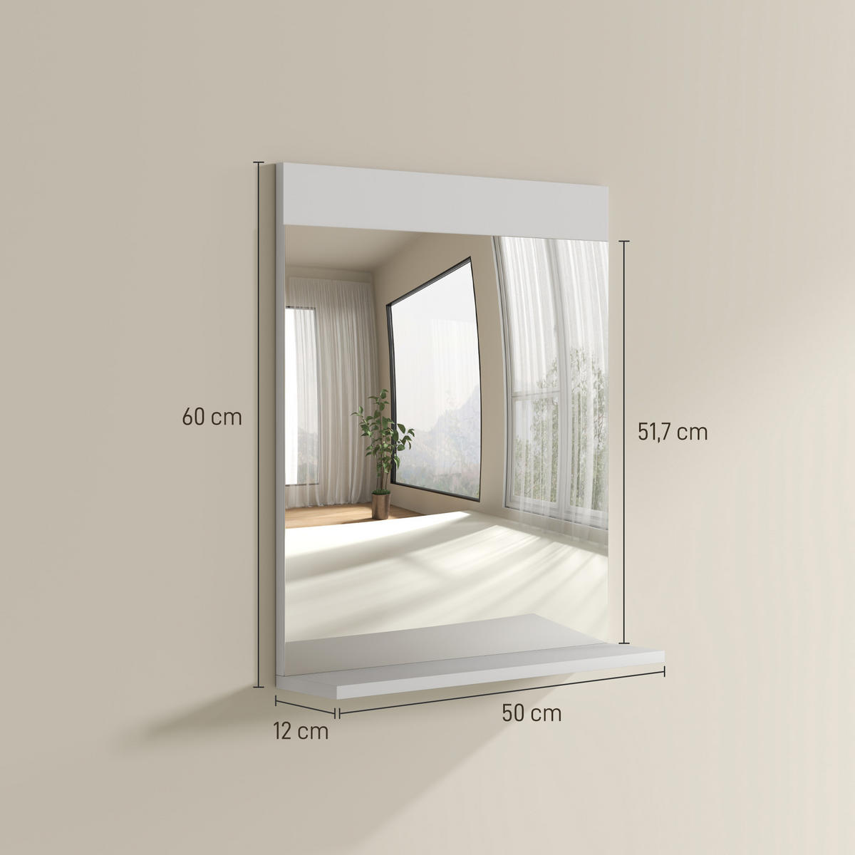 BADEZIMMERSPIEGEL, Wandspiegel mit Ablagefläche, 50 x 12 x 60 cm ,weiß - Weiß, Glas (12/60/50cm) - Vallsero