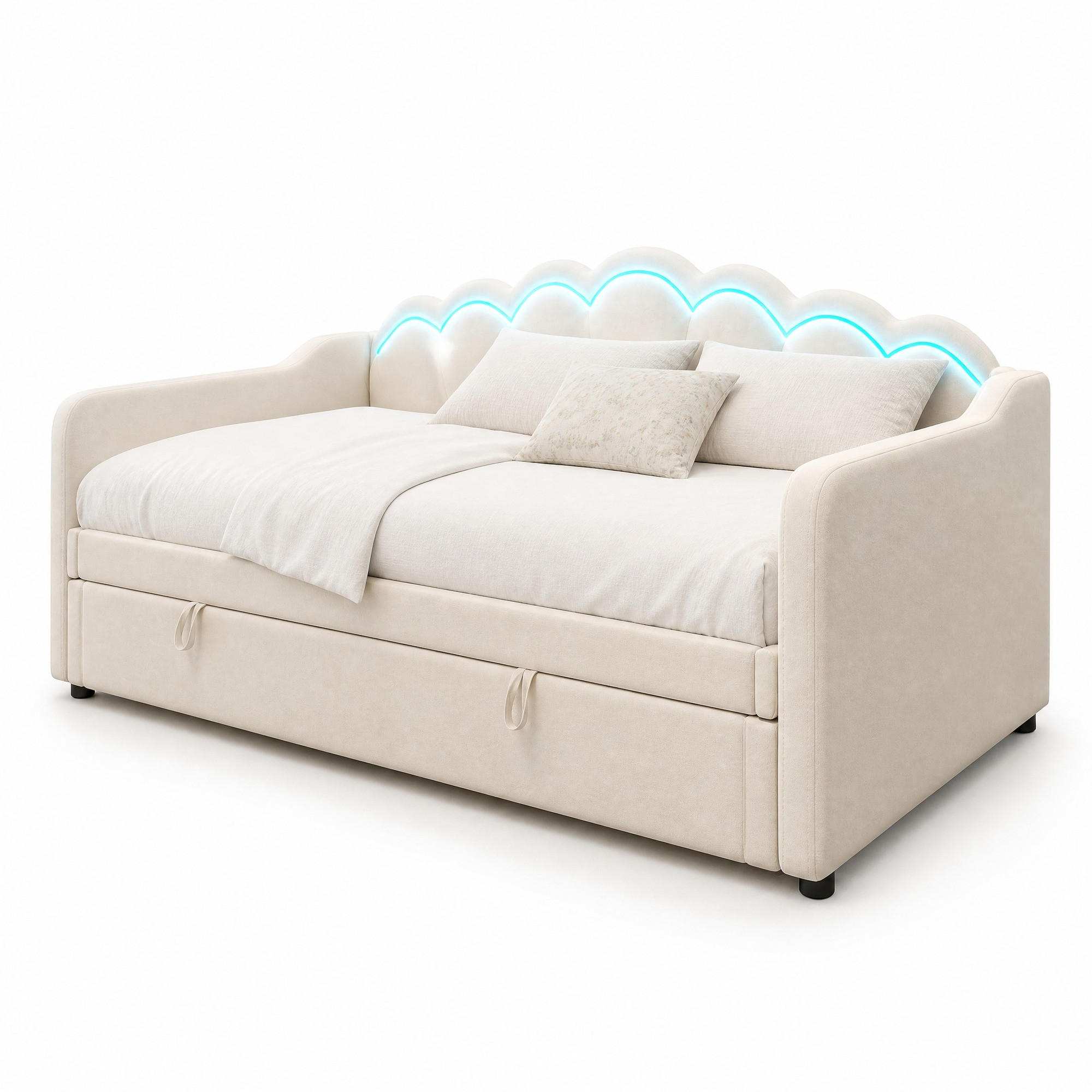 SCHLAFSOFA 90/200 cm in Beige Samt mit Bettkasten und LED - Beige, Holzwerkstoff/Textil (90/200cm) - CHICFURN