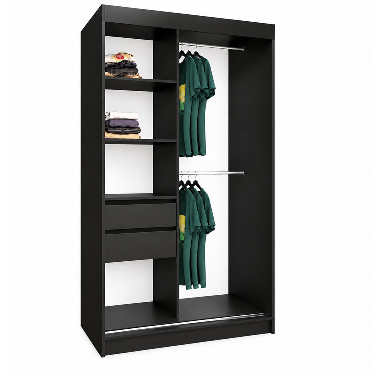 KLEIDERSCHRANK Gloria 120 cm Schwarz Spiegel 2 Schubl. Griffe silber - Schwarz, Holzwerkstoff (120/216/61cm) - KS Home Concept