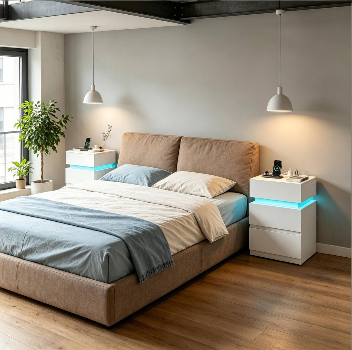NACHTTISCH 40/55/35 cm Weiß aus Holz mit LED-Beleuchtung 2er Set - Weiß, Holzwerkstoff (35/55/40cm) - OKMYHOME
