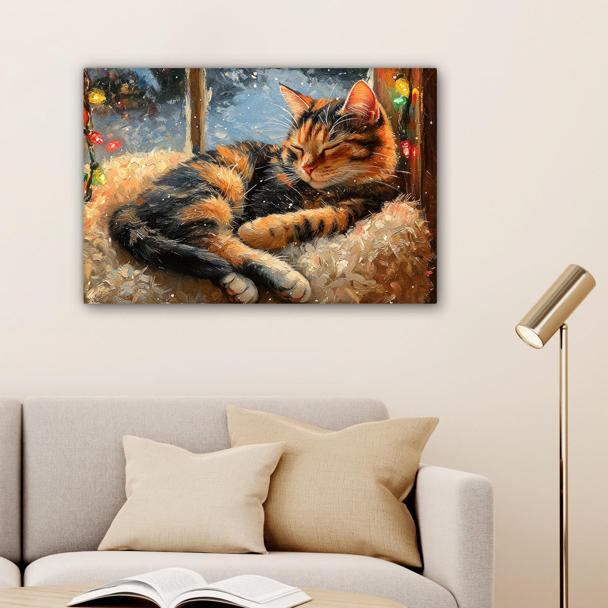 LEINWANDBILD Katze - Weihnachten - Winter - Tier Gemälde 60x40 cm - Bernsteinfarben, Textil (60/40cm) - MuchoWow