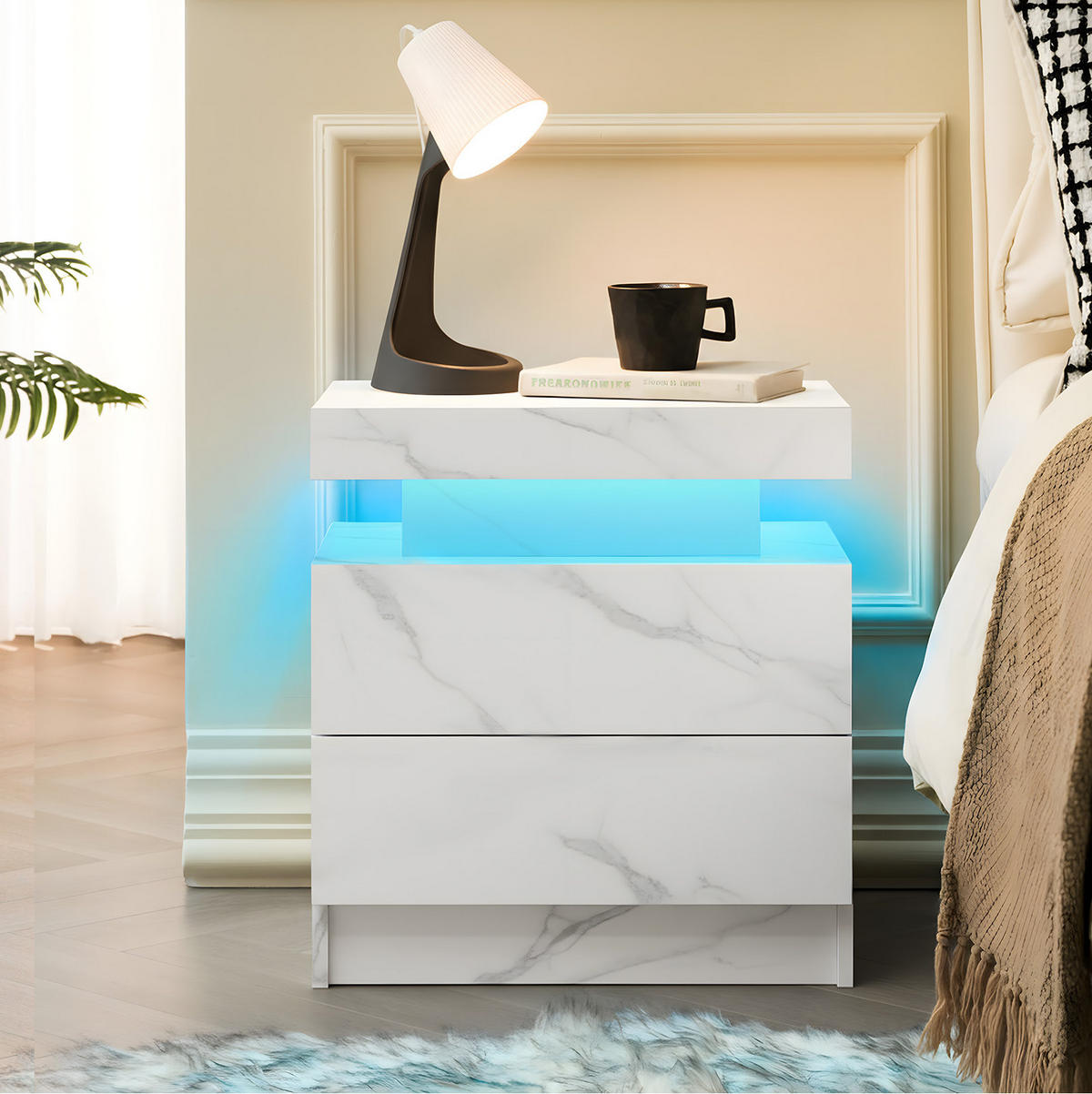 NACHTTISCH 50/53/36 cm Weiß aus Holzwerkstoff mit LED-Beleuchtung - Weiß, Holzwerkstoff (50/36/53cm) - OKMYHOME