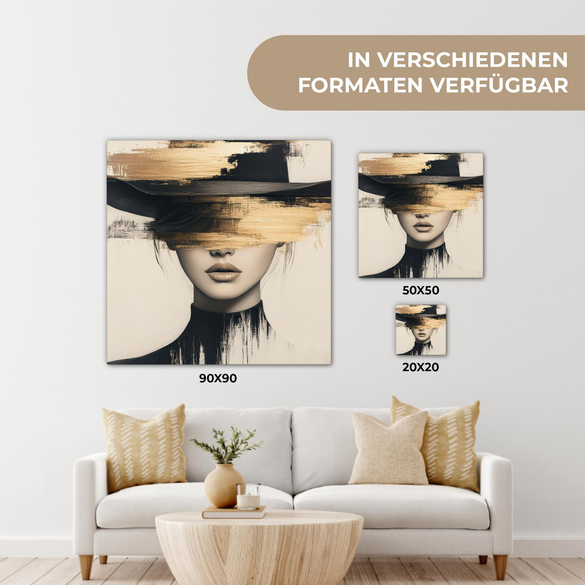 LEINWANDBILD Frau - Hut - Farbe 50x50 cm - Goldfarben, Textil (50/50cm) - MuchoWow