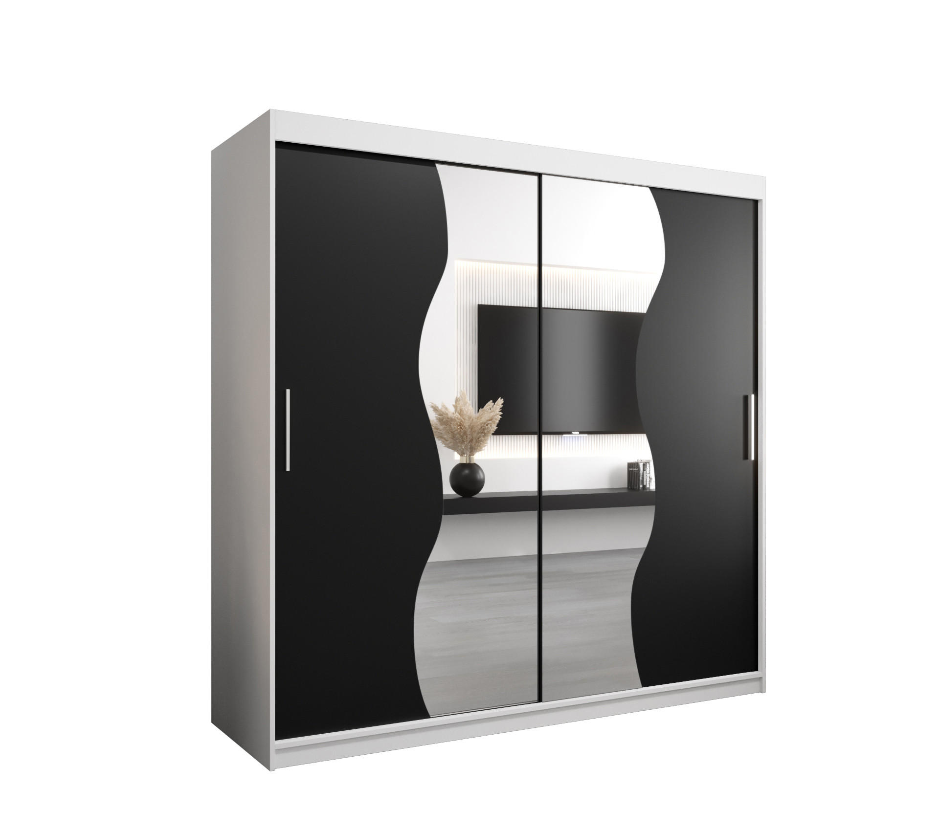 Möbel Kryspol Schwebetürenschrank Weiß, Schwarz 200x200x62 cm