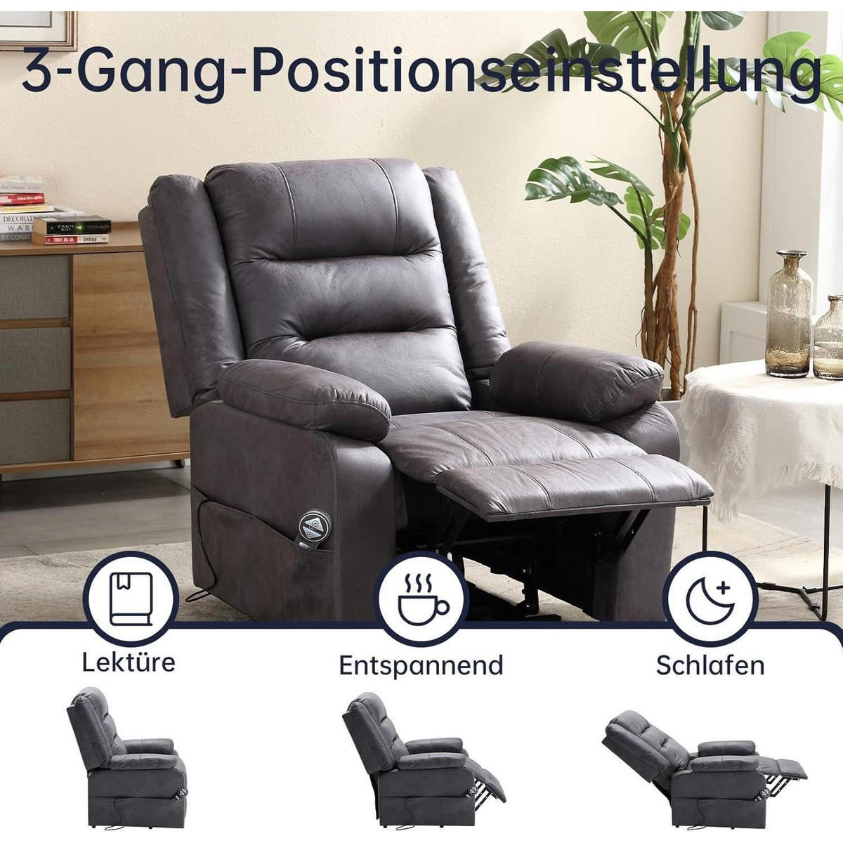 FERNSEHSESSEL mit Aufstehhilfe und Massagefunktion Dunkelgrau - Grau, Kunststoff (84/137/164cm)