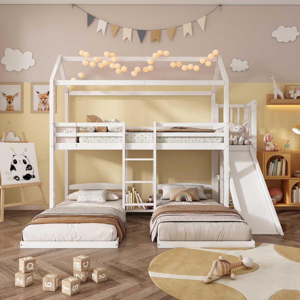 ETAGENBETT Hausbett mit Rutsche, Weiß, 90/200 cm, 3 Schlafplätze - Weiß, Holz (90/200cm) - MIVRAY